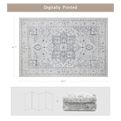 Washable Rugs 6x9 Area Rugs for Living Room,Bedroom,Dining Room,Playroom | Ultra Soft Faux Wool,Kids&Pet Friendly,Machine Washable,Non-Slip&Non-Shedding,Large Low Pile Vintage Carpets for Home Office - color: Grey/Cream/White/Light Blue, size: 6' x 9' (Re