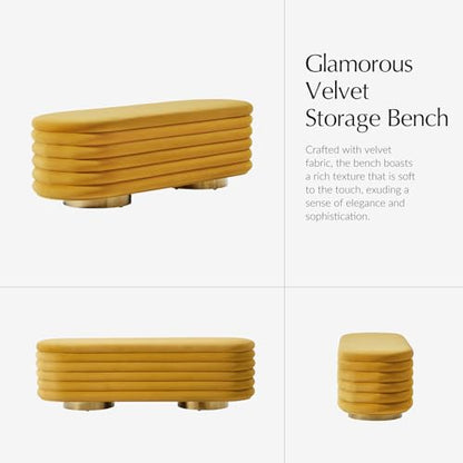 HULALA HOME Velvet Storage Bench, Large Upholstered Ottoman Bench with Button Tufted Design for Living Room, Bedroom, Entryway, Mustard - color: Mustard