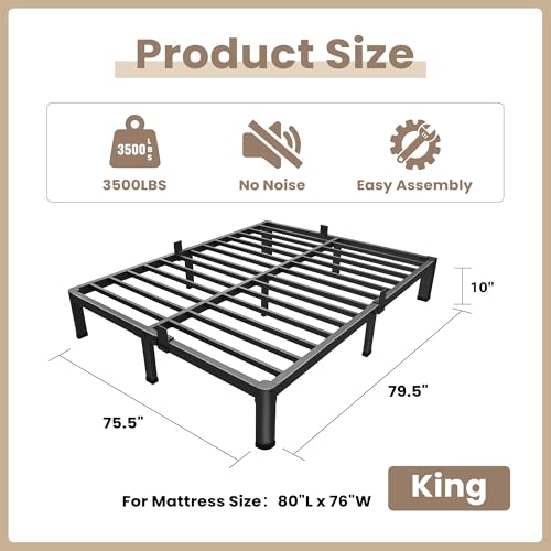 ROIL 10 Inch King Bed Frame with Rounded Corner & 4 Mattress Baffles | Easy Assembly, Noise Free, 3500LBS Load Capacity, No Box Spring Needed, Heavy Duty Steel, No Box Spring Needed, Rubber Pads - size: King, style: 10 Inch