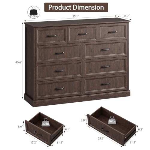 Farmhouse 9 Drawer Dresser for Bedroom, 55" Brown Dresser with TV Stand | Wide Dresser with Large Drawers & Bar Handles, Rustic Wood Chest of Drawers for Living Room, Hallway, Entryway. - color: Brown, size: 16"D x 55"W x 41"H (9 Drawers)