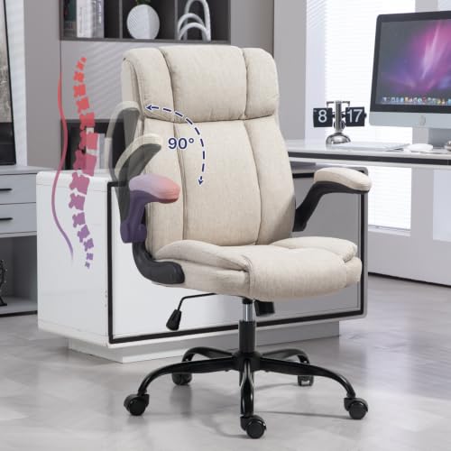 Fabric Office Chair High Back Executive Ergonomic Chair Flip Arms | Premium cloth fabric office chair with high back ergonomic support, flip-up arms, adjustable height, 90°-120° tilt function - color: Beige
