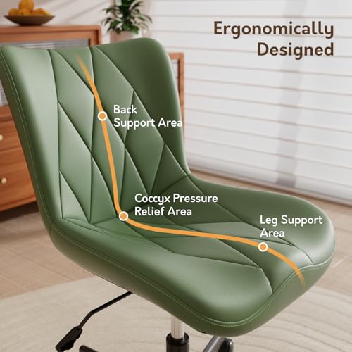 Armless Desk Chair, Morden Home Office Chair no Arms, Adjustable Height & Rocking Computer Chair, PU Leather Vanity Chair, Ergonomic Seat Soft Padded Desk Chairs for Home Small Space, Green - color: Olive Green