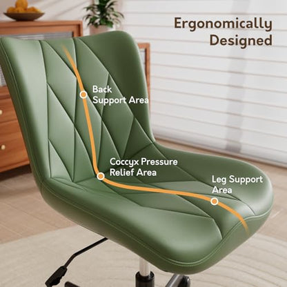 Armless Desk Chair, Morden Home Office Chair no Arms, Adjustable Height & Rocking Computer Chair, PU Leather Vanity Chair, Ergonomic Seat Soft Padded Desk Chairs for Home Small Space, Green - color: Olive Green