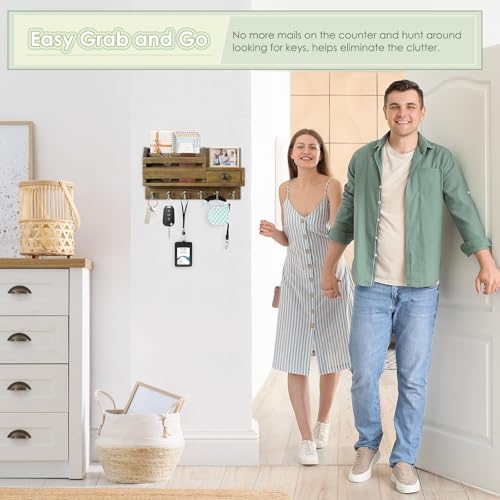VIS'V Key Holder Wall Mount, Wooden Mail and Key Organizer, Brown | Contains Little Drawer, Small Shelf, 2 Slots, 6 Hooks, for Entryway, Hallway, Doorway, Kitchen, Garage, RV - color: Brown
