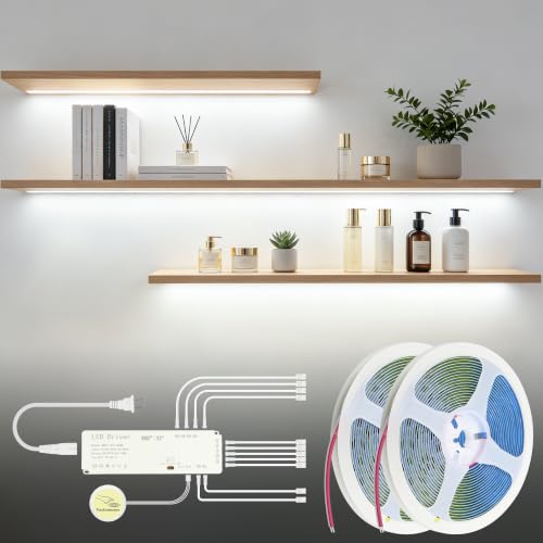 32.8FT Under Cabinet Light Strip Dimmable 11-in-1 COB LED Strip Cold White | 12V 100W 2 Rolls of 16.4ft,Adhesive Cuttable BookShelf Lighting kit,with Hand-Sweep Switch LED Shelf Lights,for Display Case - color: Cold White, size: 10M