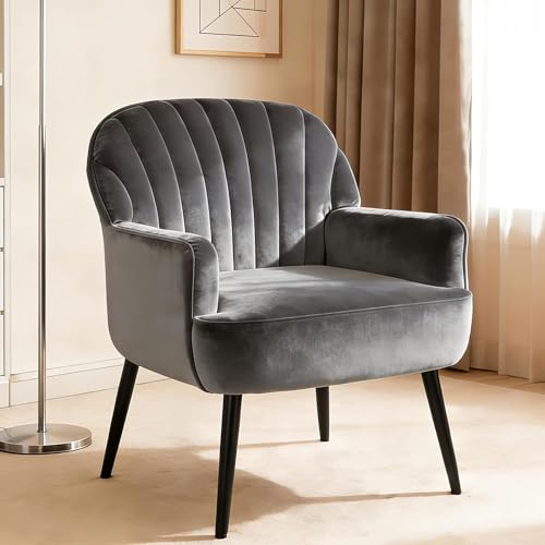 GDFStudio 25" Velvet Accent Chair with Arms and Back, Modern Shell-Shaped Upholstered Barrel Chairs, Small Comfy Reading Chair Lounge Chairs with Solid Legs for Living Room Bedroom Office Cafe, Grey - color: Grey