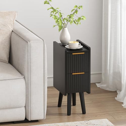 ELYKEN 7.9" Fluted Narrow Nightstand, 20.6" H Skinny Side Table, Black | Compact Design for Small Spaces, 2 Drawers, Modern Black Finish, Perfect as Bedside Table, End Table or Sofa Side Table - color: Black-1 Pcs