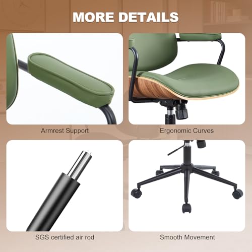 Mid Century Modern Office Chair with Armrest and Adjustable Backrest, Green | Wooden frame with armrests & adjustable backrest, swivel & height-adjustable, PU leather seat for home office comfort - color: Green