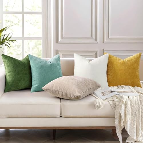 decorUhome Chenille Aqua Haze Throw Pillow Covers 18x18 Inch Set of 2, Decorative Soft Couch Pillow Covers Solid Dyed Accent Velvet Farmhouse Neutral Square Pillow Cases for Sofa Bed Living Room | Decorative Fall Couch Pillow Covers Solid Dyed Accent Mode