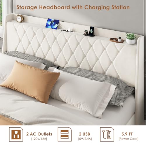 Garvee King Size Bed Frame with Storage, Velvet Upholstered Platform Bed Frame with Crystal Tufted Headboard, Charging Station, 3 Drawers, No Box Spring Needed, Noise-Free,for Bedroom, Ivory | Velvet Upholstered Platform Bed Frame with Crystal Tufted Head