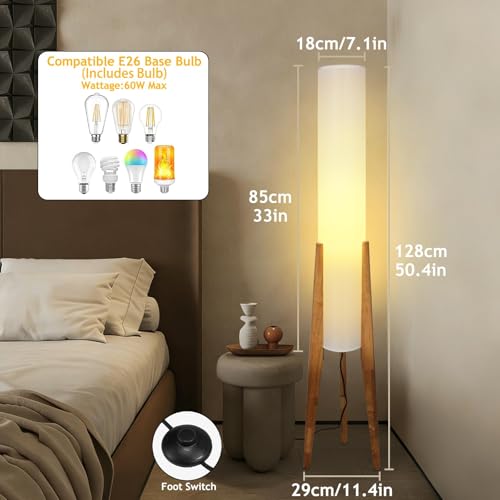 Wabi-Sabi 50" Wood Tripod Floor Lamp with Paper Lantern Inspired | Tall Linen Fabric Shade, E26 3-Color Temperatures Bulb Included, Foot Switch, Natural Wood For Living Room, Bedroom, Office - color: Natural Wood