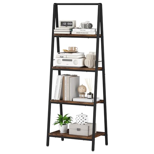 Homeiju Ladder Shelf, 4-Tier Leaning Ladder Bookshelf, Rustic and Wood Ladder Shelf Bookcase, Industrial Ladder Shelf Storage Rack for Home Office, Bedroom, Bathroom or Kitchen