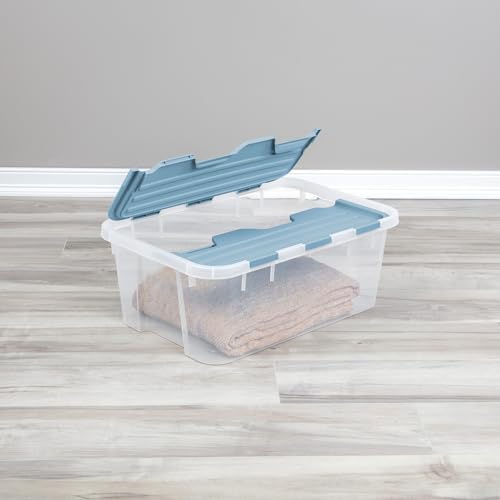 Sterilite Hinged Lid Storage Box, Plastic Container, 40 Quart, 6-Pack | Washed Blue - Home Organizer Tote for Storing Shoes, Crafts, Clothing, or Decor - size: 40 Quart
