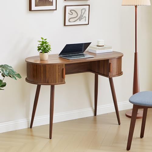 43" Wood Writing Desk, Laptop Desk with Storage, Vanity Table Study Desk | Mid-Century Writing Desk, Walnut Laptop Desk with Storage, Fluted Vanity Table Desk for Office, Bedroom, Study Room - color: Walnut-43 Inch