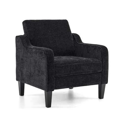 VINGLI Chair Black Upholstered Chenille Accent Chair for Living Room, Bedroom, Mid-Century Modern Arm Chair Comfy Reading Chair with Scooped Arms - color: Black