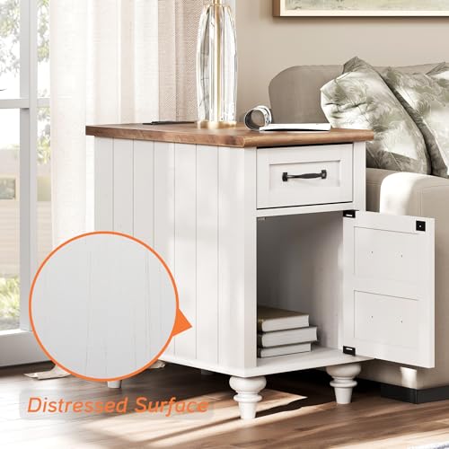WAMPAT Off White Side Table with Charging Station, Tall Nightstand with Drawer for Bedroom, Narrow End Table Wooden Bedside Table with USB Ports & Power Outlets for Living Room - color: Off White