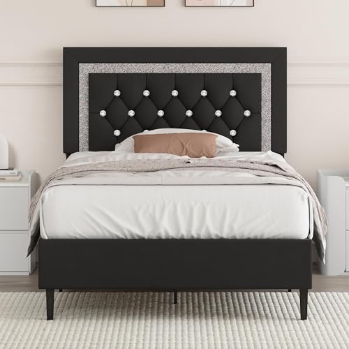 BarnFurin Twin Bed Frame with Tufted Button Headboard, Black | Upholstered Platform Bed Frame with Diamond Design, Wood Slat Support, No Box Spring Needed, Easy Assembly - color: Black, size: Twin