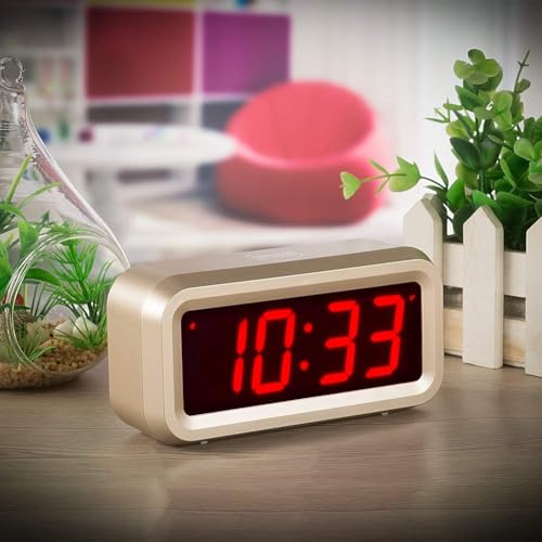 Alarm Clock for Bedrooms, LED Digital Clock Battery Operated Small Wall Clock with 3 Level Brightness Adjustable,Snooze,12/24Hr,1.2" Digital Display for Desk, Bebside,Table, Travel - color: Golden