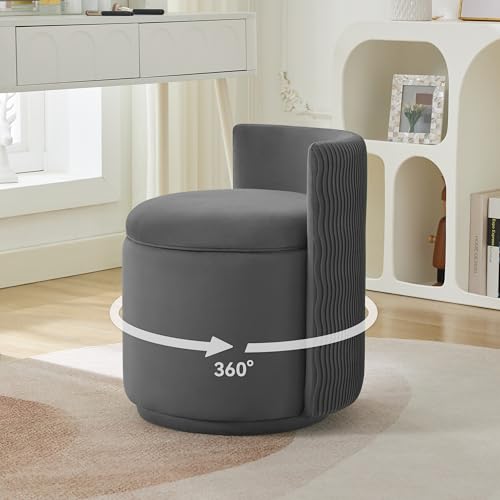 WUTUTUEE Velvet Vanity Chair with Storage, 360° Swivel Makeup Chair with Wave Back, No Assembly Small Accent Stool for Bedroom, Dressing, Living Room, Grey - color: Grey, size: Regular