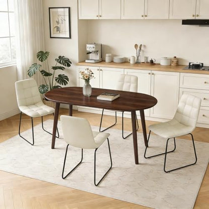 63" Oval Dining Table Set for 4 with Solid Wood Legs | 5 Piece Walnut Dining Table Set for Kitchen and Dining Room Furniture, 4 Beige Dining Chairs, Mid Century Modern - color: Walnut Table C-beige Chairs