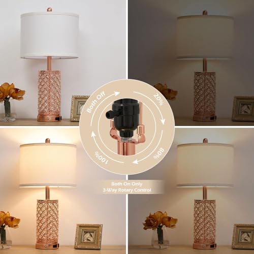 SAIWEYA 24in Crystal Table Lamp Bedroom Lamps for Night Stand Bedside | 3-Way Dimmable Touch with Night Ligh, 2 USB Ports + AC Outlet, White Fabric Shade, LED Bulb Included - color: Rose Gold-1 Pack 24In