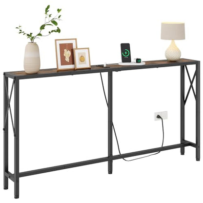 Gewudraw Narrow Console Table - 55.1" Sofa Table Behind Couch with Socket | Industrial Style, Long Skinny Design,Couch Table For Hallway,Living Room,Bedroom, Built-In Outlets & USB, 140cm Length, Brown - color: Rustic Brown, size: 55.1 in
