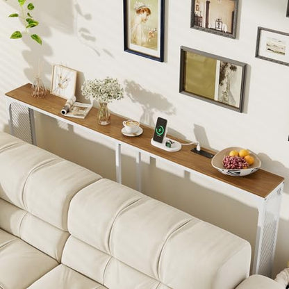 GIANTEX 71" Narrow Console Table with 2 Power Outlets and USB-C Ports | Sofa Table w/ Charging Station & Metal Frame, Skinny Behind Couch Tables, Long Entryway Tables for Living Room, Natural+White - color: Natural + White