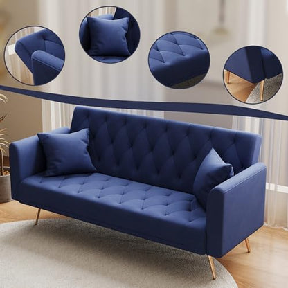 Anwick 72''Modern Velvet Sofa Bed Futon,Convertible Folding Sleeper Couches with 3 Adjustable Backrests,Tufted Recliner Loveseat with Golden Chrome Legs for Living Room Apartment Office (Blue) - color: Blue