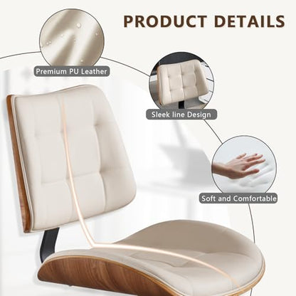 Home Office Desk Chair with Rubber Wheels, Armless Bentwood, Beige | Adjustable Height Armless Office Chair, PU Leather Mid Back 360°Small Computer Chair, No Arms Walnut Seating, 300LBS Support - color: Beige, size: Standard Style