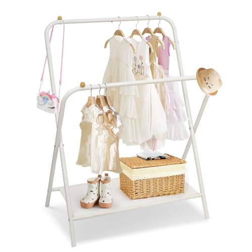 Kids Clothing Rack 2 Rods, Dress Up Storage for Little Girls with Bottom Storage Shelf, Cute Toddler Wardrobe Cloest Garment for Hanging Coat, Dance Costume, Dresses, Clothes in Bedroom, White - color: White-2 Rods