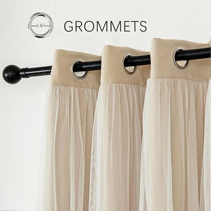 INLINAS Blackout Curtains with Sheer Overlay, Beige, 52x72 Inches | Grommet Top Double Layer Curtains for Bedroom and Living Room Thermal Reduction Light Blocking and Energy Saving, Set of 2 - color: Beige, size: 52"W x 72"L (Pack of 2)