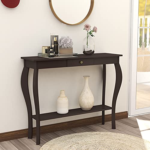 ChooChoo 39" Narrow Entryway Table with Drawer, Espresso | Console Table with Curved Legs, Chic Accent Sofa Table with Shelves for Entryway, Living Room, Hallway - color: Espresso, size: 11.8"D x 39.3"W x 31.4"H