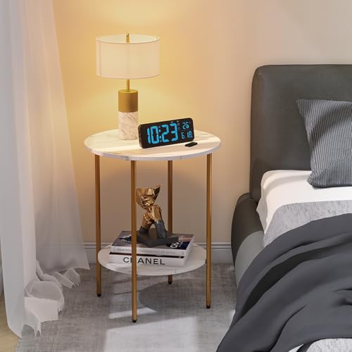 Side Table, Round End Table with 2 Storage Shelves, Compact Living Room Accent Table, Space-Saving Small Bedside Table, 18x18x22in, Marble White