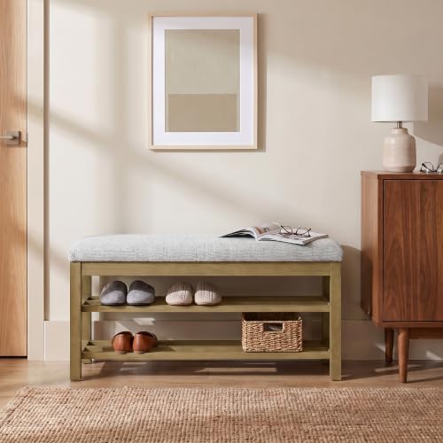 VKNOW 44.3” Entryway Bench, 2-Tier Upholstered Shoe Storage Bench, Beige | Shoe Bench with Rubberwood Legs, Shoe Rack for Entryway, Hallway, End of Bed, Living Room - color: Beige1