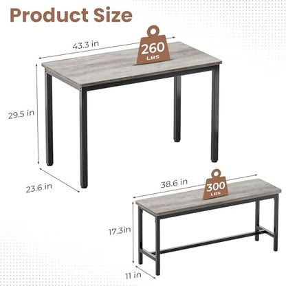 Dining Table Set for 4, Kitchen Table with 2 Benchs, Grey | Modern Functional 3 Piece Space-Saving Dining Room Table Set for Apartment, Breakfast Nook, Small Space - color: Grey