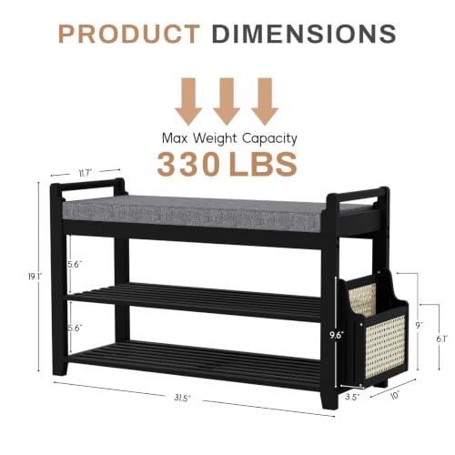 Homaxy 2-Tier Shoe Rack Bench, 31.5 in, Black and Dark Grey | Bamboo Entryway Bench, with Side Holder, Shoe Rack Organizer with Cushion for Front Entrance, Hallway Living Room Bedroom - color: Black and Dark Grey, size: 31.5 in