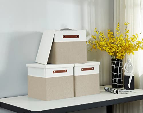 DECOMOMO Storage Basket with Lid, Storage Cubes with Handles, Beige & White | 11" Cube, 3 Pack Fabric Box with Lid - color: Beige and White, size: Cube 11"