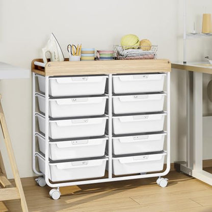 10 Drawers Rolling Cart with Wooden Tabletop, Utility Storage Cart with Wheels, Art Supply Craft Organizer on Wheel with Metal Frame & Handles for Home Office School (Pure White) - color: Pure White