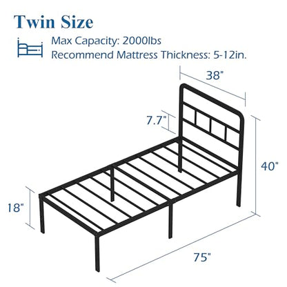 DiaOutro 18 Inch Twin Bed Frames with Headboard Metal Platform, Black | Heavy Duty Bed For Kids Adults, Steel Slat Supports No Box Spring Needed, Easy Assembly, Noise Free - size: Twin, style: 18 Inch