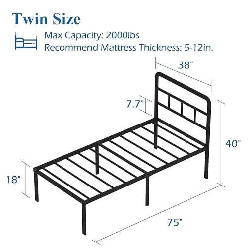 DiaOutro 18 Inch Twin Bed Frames with Headboard Metal Platform, Black | Heavy Duty Bed For Kids Adults, Steel Slat Supports No Box Spring Needed, Easy Assembly, Noise Free - size: Twin, style: 18 Inch
