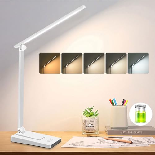 Rechargeable LED Desk Lamp, 5 Color Modes with 5 Brightness | 800LM 2600mAh Reading Table Lamp, Aluminum Bedside Lamp with USB Charging Port for Study Home Office, White - color: White