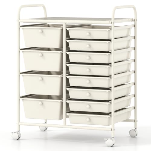 COSTWAY 12 Drawer Rolling Storage Cart, Utility Cart with Metal Frame | Mobile Art Supply Craft Organizer, Multipurpose Storage Organizer for Paper, Office, School Teacher, Classroom, White - color: White, size: 12 Drawer