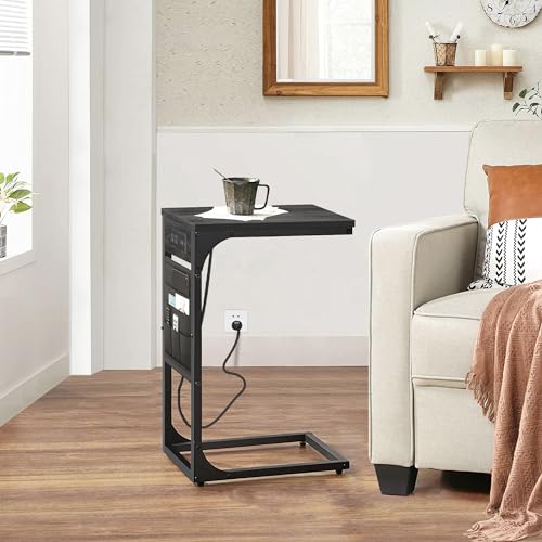 TUTOTAK C Shaped End Table with Charging Station, Side Table for Sofa | Couch Table with Storage Bag, TV Tray with 2 USB Ports and Outlets, Set of 2, Living Room and Bedroom, Grey TB01BY0242 - color: Grey, size: 2 Pack (11.8"W), style: With Plug