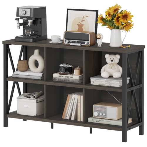 6 Cube Storage Organizer Book Shelf, 47 Inch Horizontal Bookshelf, Wood and Metal Cube Bookcase for Living Room, Home Office (Walnut Brown) - color: Walnut Brown, size: Without Drawer