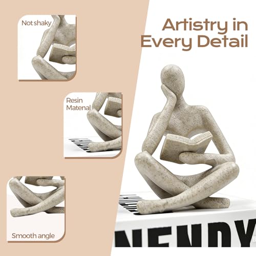 1PC Abstract Reading Thinker Statue, Resin Modern Art Sculpture for Bookshelf Coffee Table Home Office Decor (Beige)