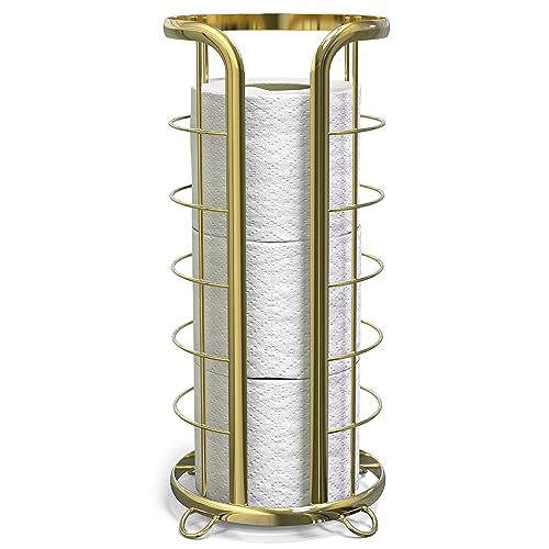 BROOKSTONE Toilet Paper Holder Stand Reserve - Free Standing Toilet Paper Stand with Storage that Holds Mega Rolls, Standing Bathroom Tissue Organizer, Bathroom Decor - Modern Storage Holder, Gold - color: Gold