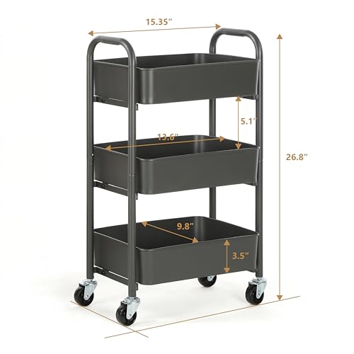 SunnyPoint 3-Tier Delicate Compact Rolling Metal Storage Organizer - Mobile Utility Cart Kitchen/Under Desk Cart with Caster Wheels (Gray, 15.35" X 10.24" X 26.8"H) - color: Grey