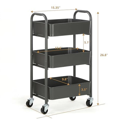SunnyPoint 3-Tier Delicate Compact Rolling Metal Storage Organizer - Mobile Utility Cart Kitchen/Under Desk Cart with Caster Wheels (Gray, 15.35" X 10.24" X 26.8"H) - color: Grey