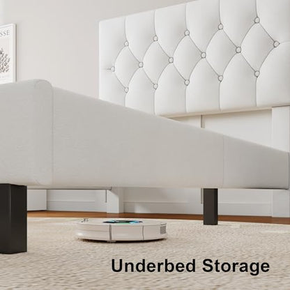 Feonase Velvet Twin Size Bed Frame with Button Tufted Headboard, Upholstered Bed with Wooden Slats Support, No Box Spring Needed, Easy Assembly, Noise-Free, White - color: White, size: Twin