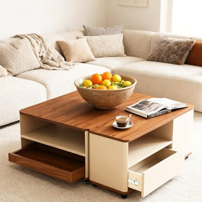 Modular Coffee Table Set of 2 with Wheels, L-Shape Convertible Wood Center Table with Drawer, Modern Nesting Small End Tables for Living Room Apartment, Space Saving Flexible Layout
